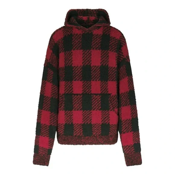 ♥️SKIMS COZY KNIT UNISEX HOODIE BUFFALO CHECK BRICK ONYX 4X/5X - Picture 7 of 8